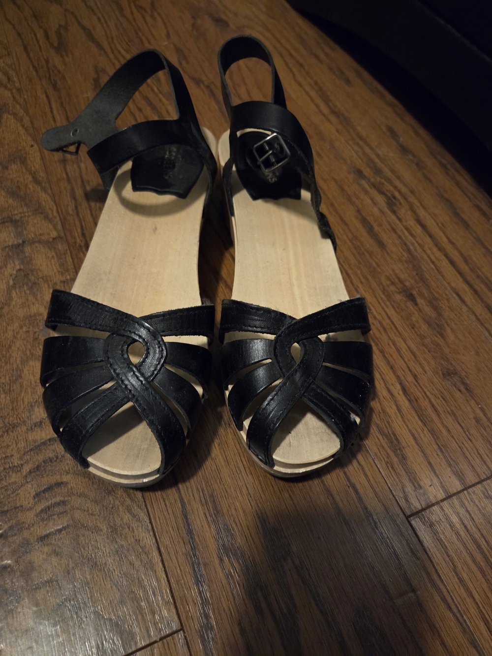 Swedish Hasbeens Black Leather Open-Toe Slingback Clogs